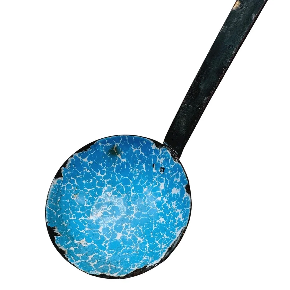 Vintage Blue Speckled Enamel Ladle Primitive Farmhouse Rustic Kitchen Decor